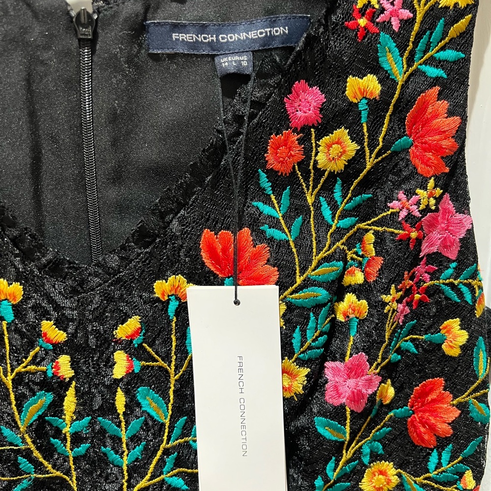 French Connection Black Midi Dress with Multicolor Floral Embroidery - Picture 3 of 9